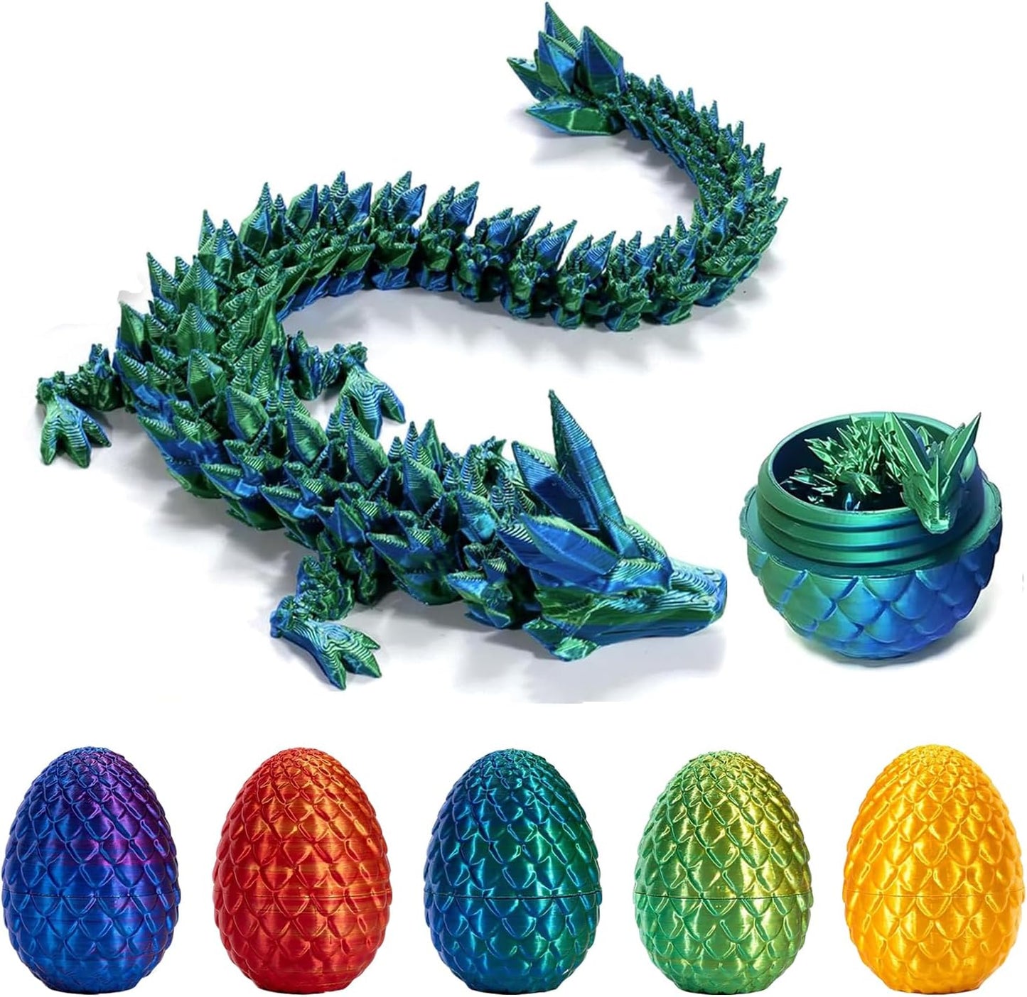 3D Printed Dragon Eggs with Dragon Inside Fidget Toys Full Articulated Dragon Crystal Dragon with Dragon Egg, Home Office Decor Executive Desk Toys Posable Flexible Crystal Dragon Toys (Laser-Green)