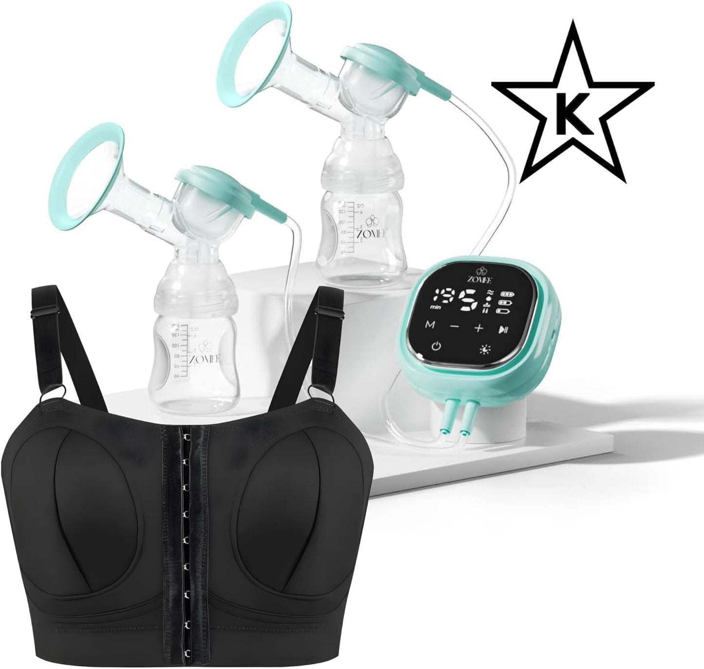 Zomee Z2 Double Electric Breast Pump - Shabbat Mode Edition - Portable, Hands Free Pumping Hospital Grade Wearable Breast Pump Including; Black Bamboo Pumping Bra (Large)