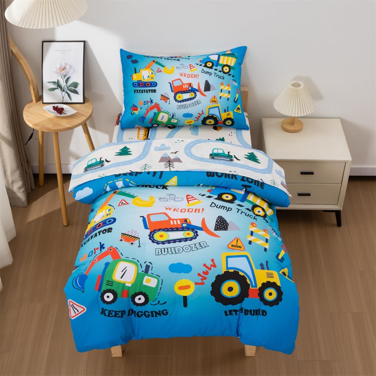 NTBED 4 Pieces Construction Truck Toddler Bedding Set for Baby Boys, Cartoon Vehicles Excavator Cars Printed, Includes Comforter, Flat Sheet, Fitted Sheet and Pillowcase,Sky Blue