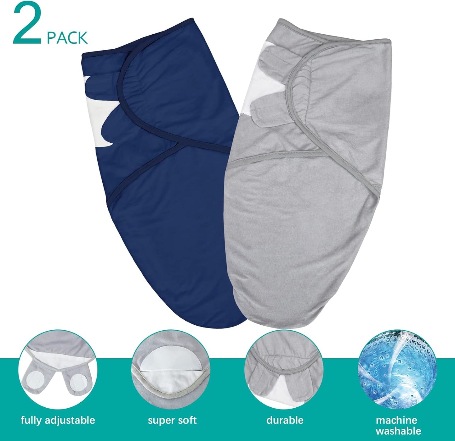 Biloban Baby Swaddles 0-3 Months for Boy & Girl, Cotton Swaddle Blanket, Newborn Essentials, Grey & Navy, 2 Pack