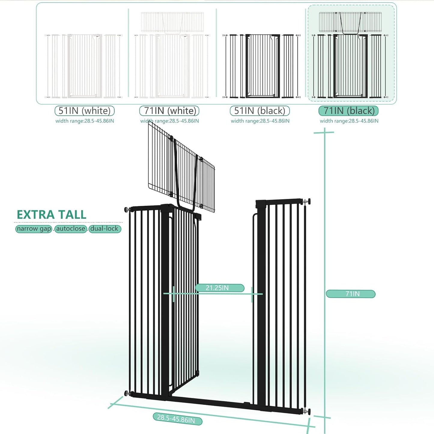 Jiprlak51 Extra Tall Cat Gate for Doorway – 28.5"-48.7" Extra Wide Pet Gate with Adjustable Cat Door Wide,Auto Close, Pressure Mounted, Pet Gate for Cats & Small Dogs, Hallway, Stairs, Kitchen