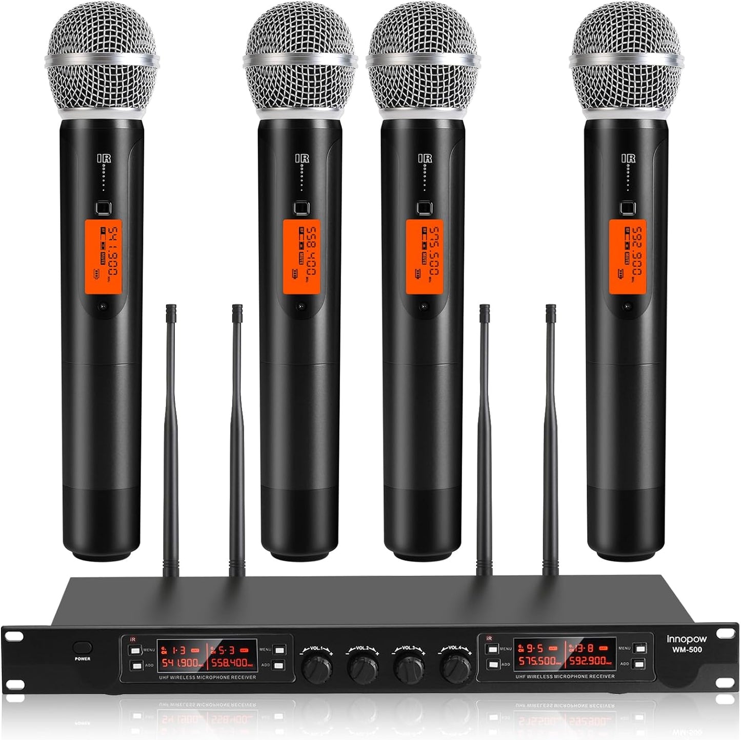4 Channel Wireless Microphones System, Quad UHF Cordless Mic Set,4 * 40 Groups Metal Handheld Dynamic, Auto Scan, Long Range 200-300Ft,16 Hours Use for Church,Singing Bands (WM500)