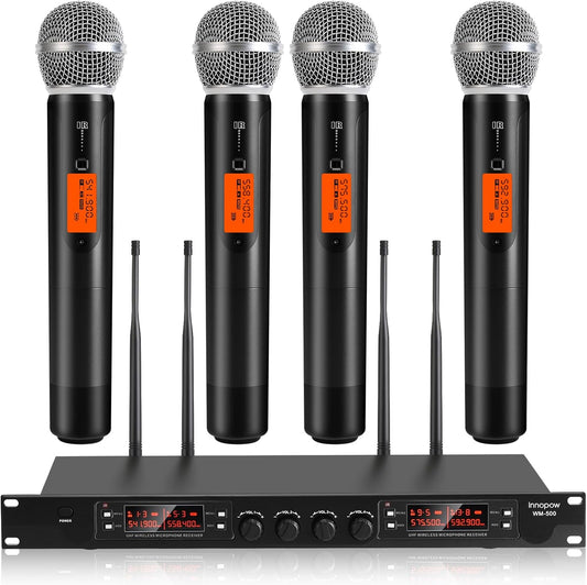 4 Channel Wireless Microphones System, Quad UHF Cordless Mic Set,4 * 40 Groups Metal Handheld Dynamic, Auto Scan, Long Range 200-300Ft,16 Hours Use for Church,Singing Bands (WM500)