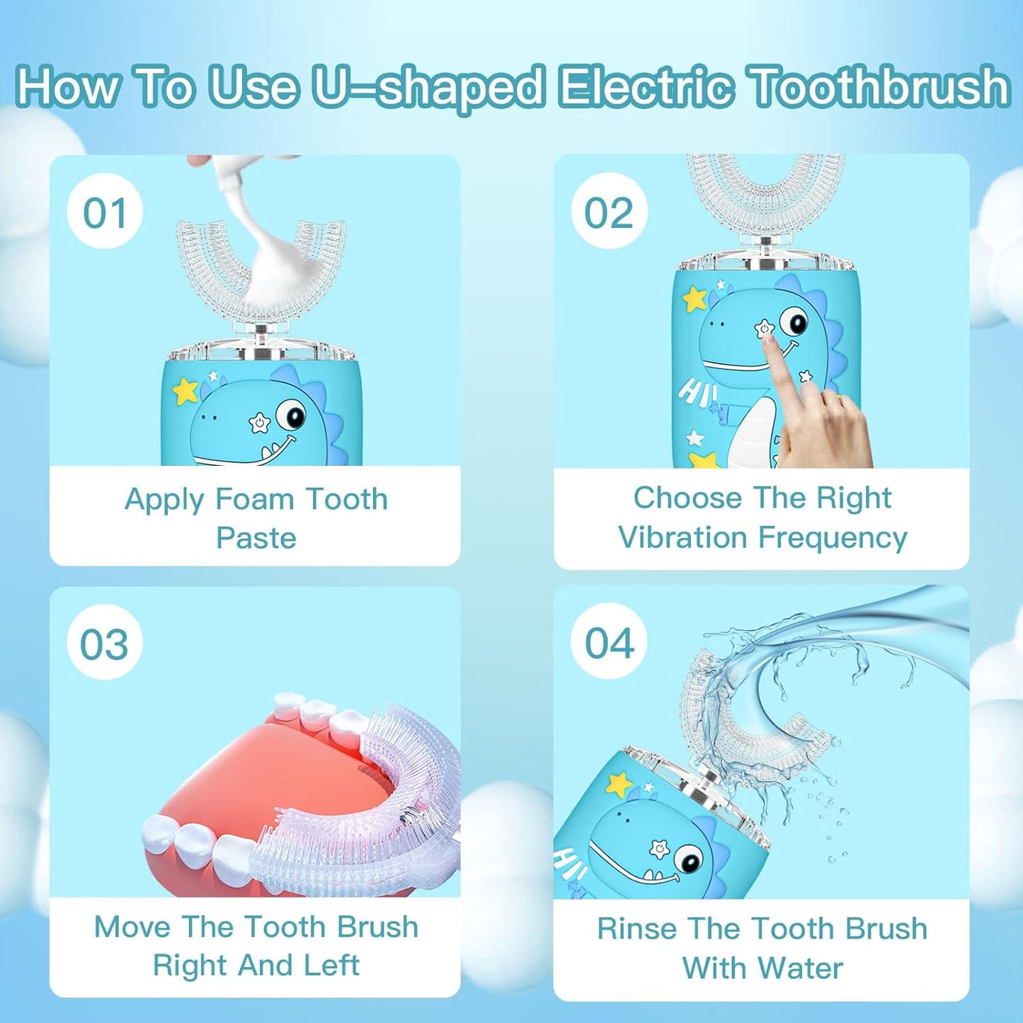 Kids Electric U Shaped Toothbrush,Kids Sonic Full Mouth Toothbrush with 4 Soft Brush Head Automatic Rechargeable 6 Cleaning Modes IPX7 Waterproof 360 Degree Cleaning - Age8-15 Blue