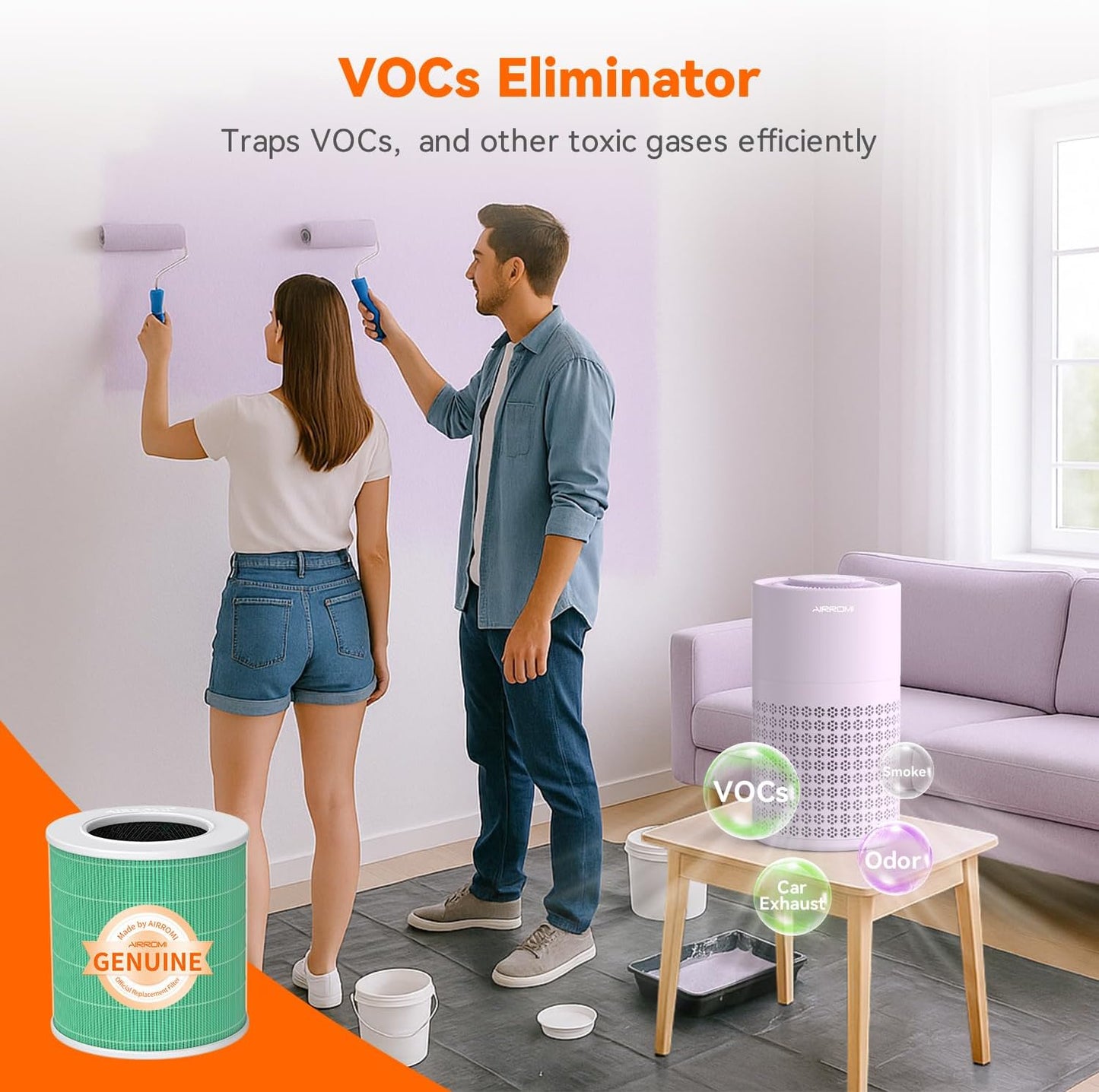 AIRROMI Air Purifier for Bedroom with HEPA 3-in-1 Filter, Pet Air Purifier for Home Cat Pee Smell, Covers Upto 990 Ft², Quiet 360°intake Air Cleaner for Pet Hair,Allergies,Pollen,Smoke A2001 Purple