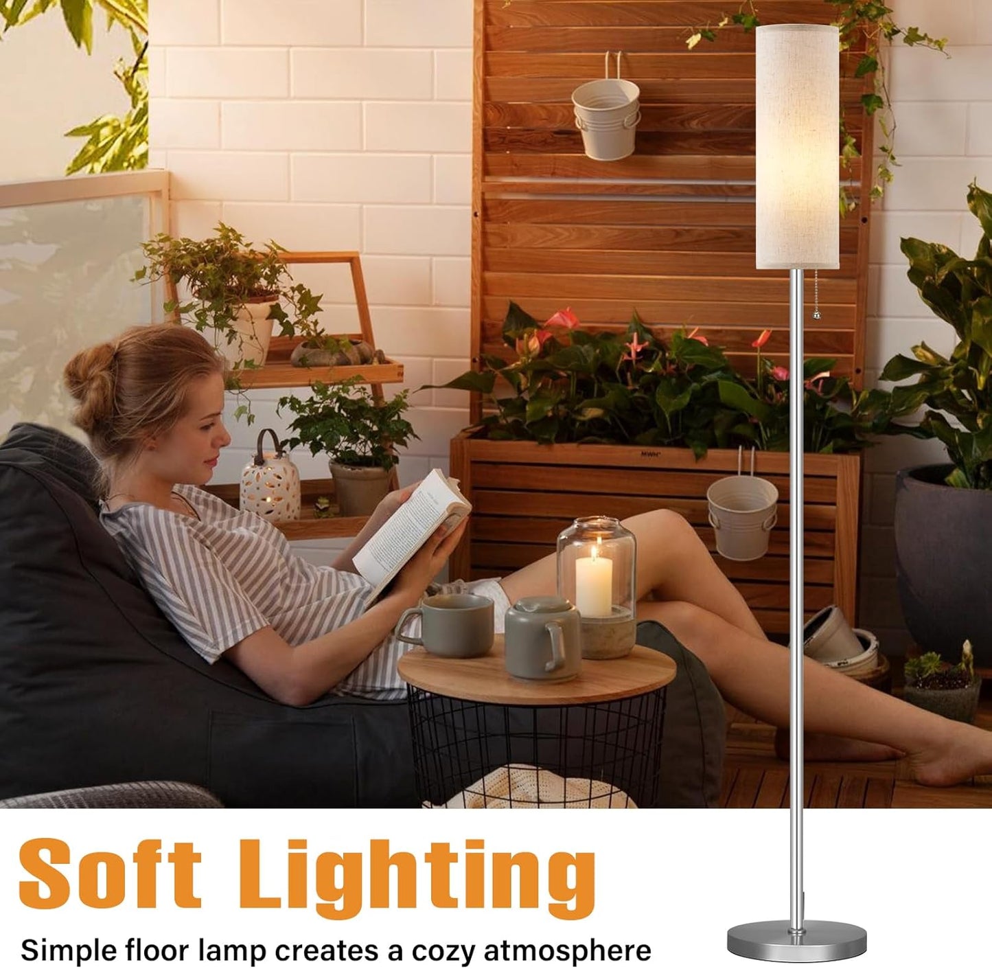 Ambimall Floor Lamp for Living Room with 3 Color Temperatures Bulb, 64" Standing lamp with Linen lampshade for Bedroom, Minimalist Pole Lamp, Beige Shade & Silver Pole