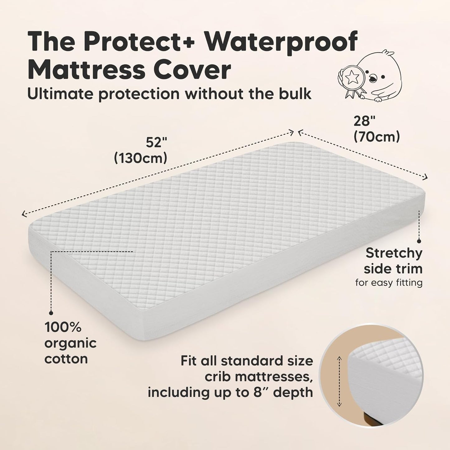 Waterproof Crib Mattress Protector Cover Fitted - 2-Pack Quiet Baby Crib Mattress Pad Sheets, 52" x 28" Soft Quilted Cotton Baby Sheet, Machine Washable, Easy Fit, Durable (Pearl Gray/Quin)