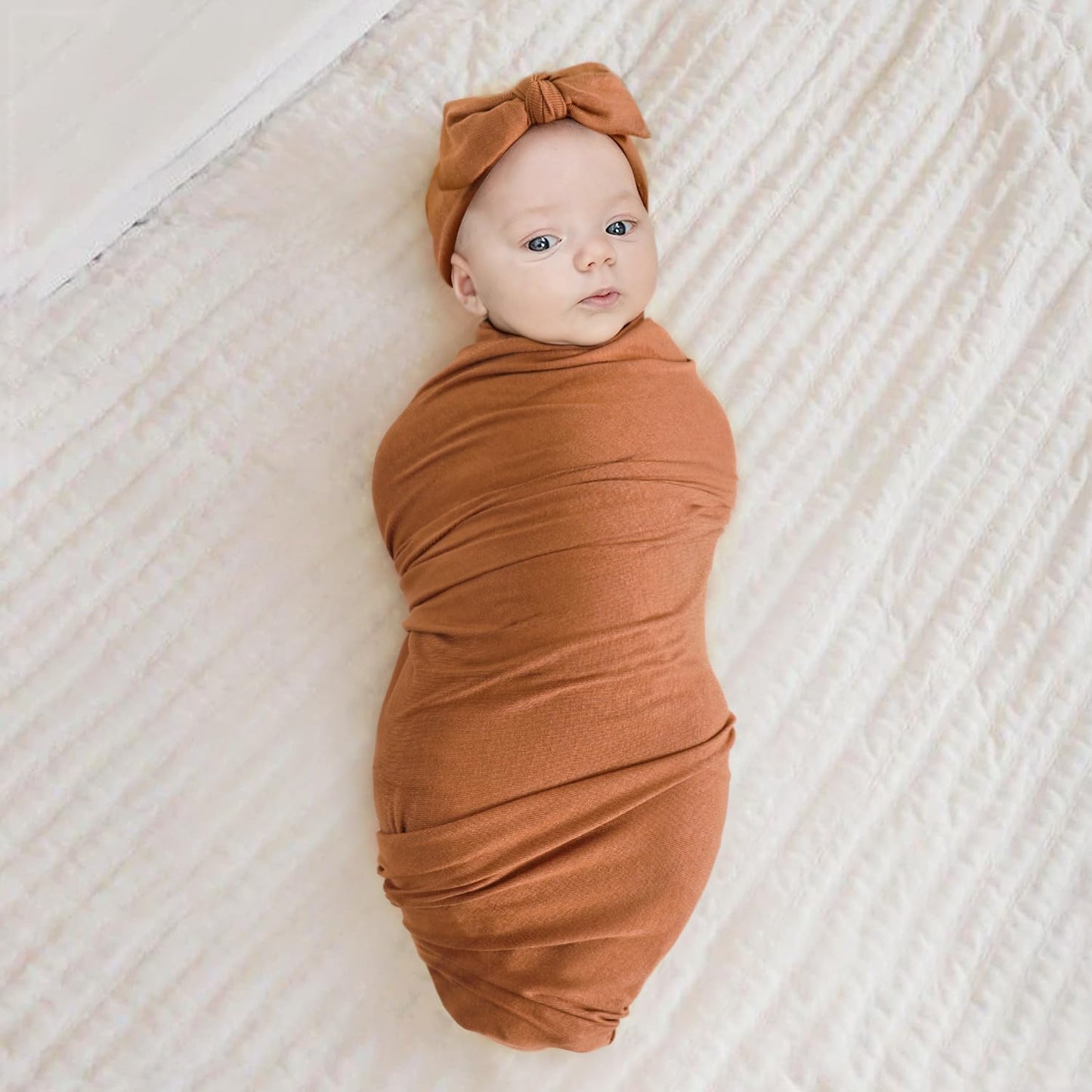 GRSSDER Newborn Swaddle Blanket, Ultra Soft Jersey Receiving Blanket with Matching Headband and Beanie Set 33×44", Stretchy Baby Neutral Swaddle Wrap for Girls and Boys