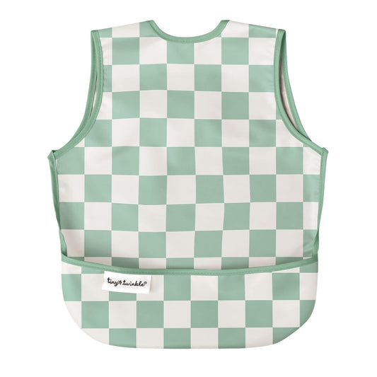 Tiny Twinkle Mess Proof Baby Bib - Waterproof & Lightweight Baby-Led Weaning Apron | 100% Recycled Polyester, Easy Clean & Machine Washable (Green Checkers, Large 2-4 Years)