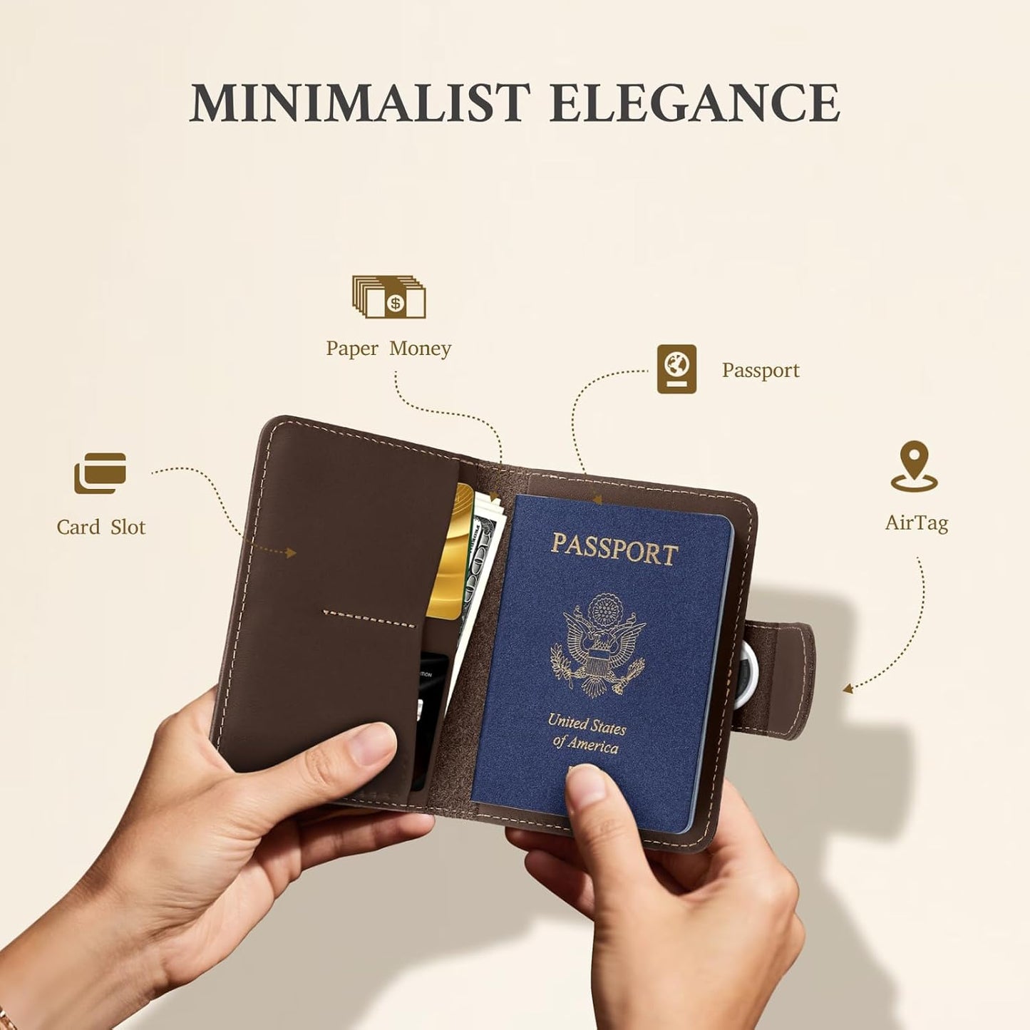 ALLIVE Passport Holder for Travel, Genuine Leather Passport Holder with AirTag Hidden, Rfid Passport Cover Travel Wallet for Airport Essentials, Travel Must Haves Gifts (Coffee Brown)