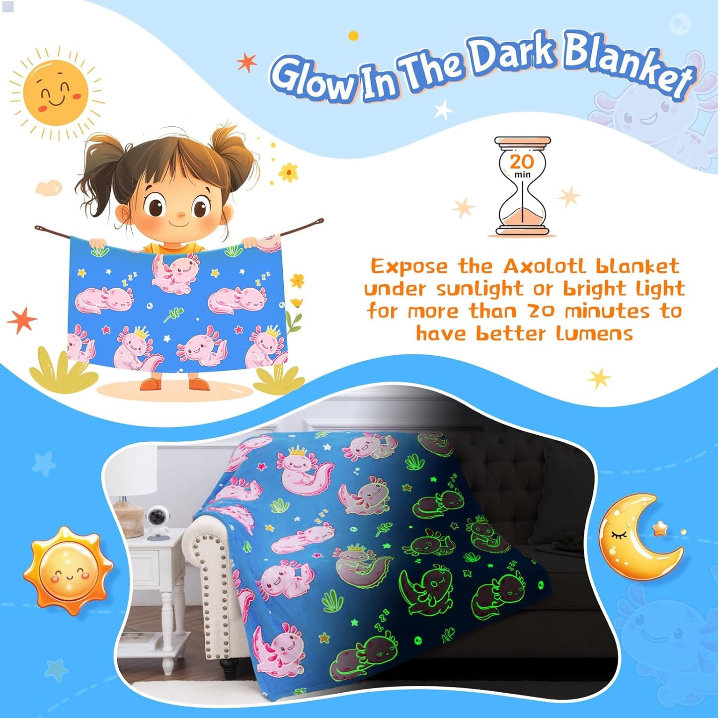 Axolotl Glow in The Dark Throw Blanket - 60"x50" Soft Glowing Kids Blanket for 3-10 Year Old Boys Girls, Gift for Birthday Christmas