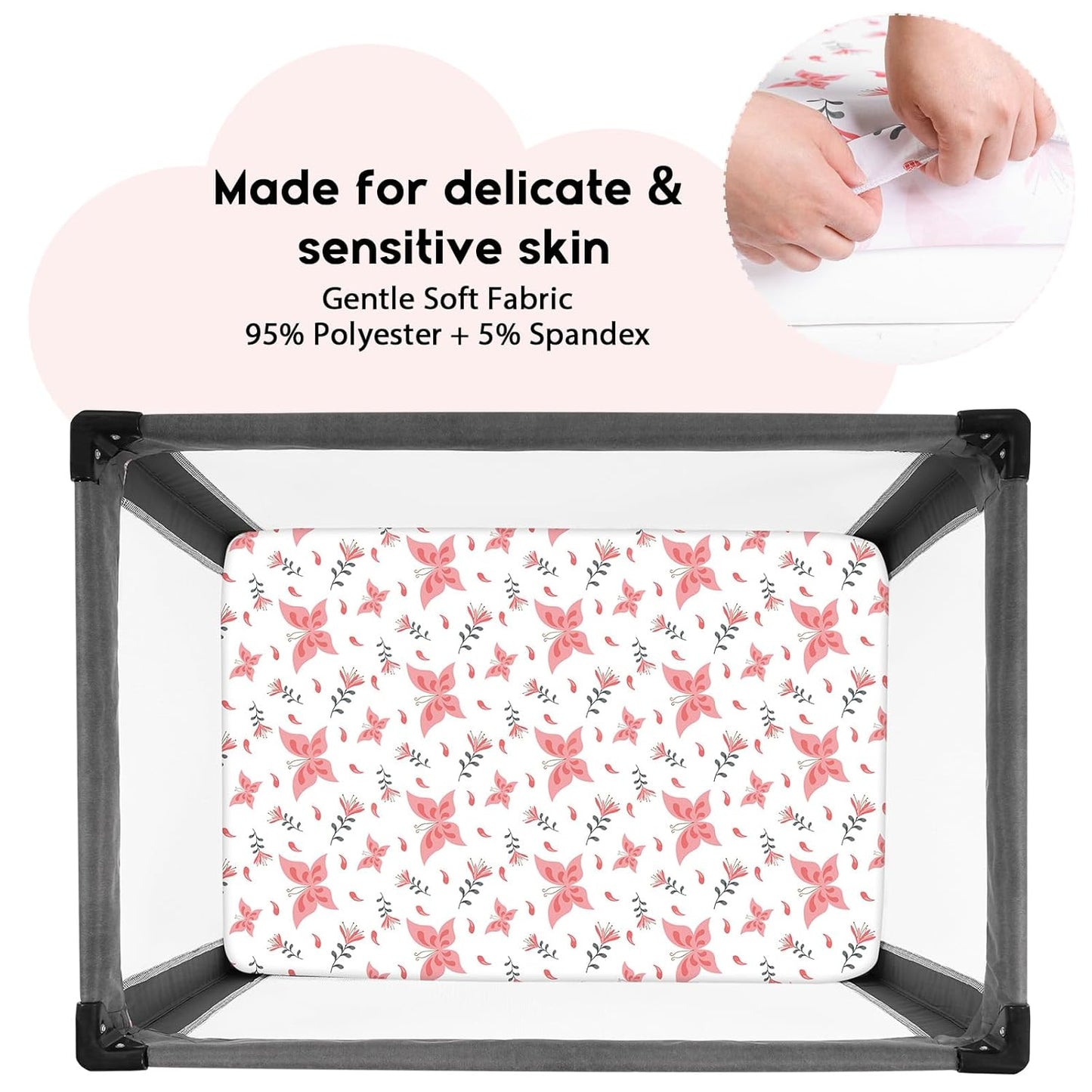 Yoofoss Pack and Play Sheets Fitted, Mini Crib Sheets 2-Pack for Pack N Play Mattress, Stretchy Playard Sheet, Soft and Breathable (Pink + Butterflies)