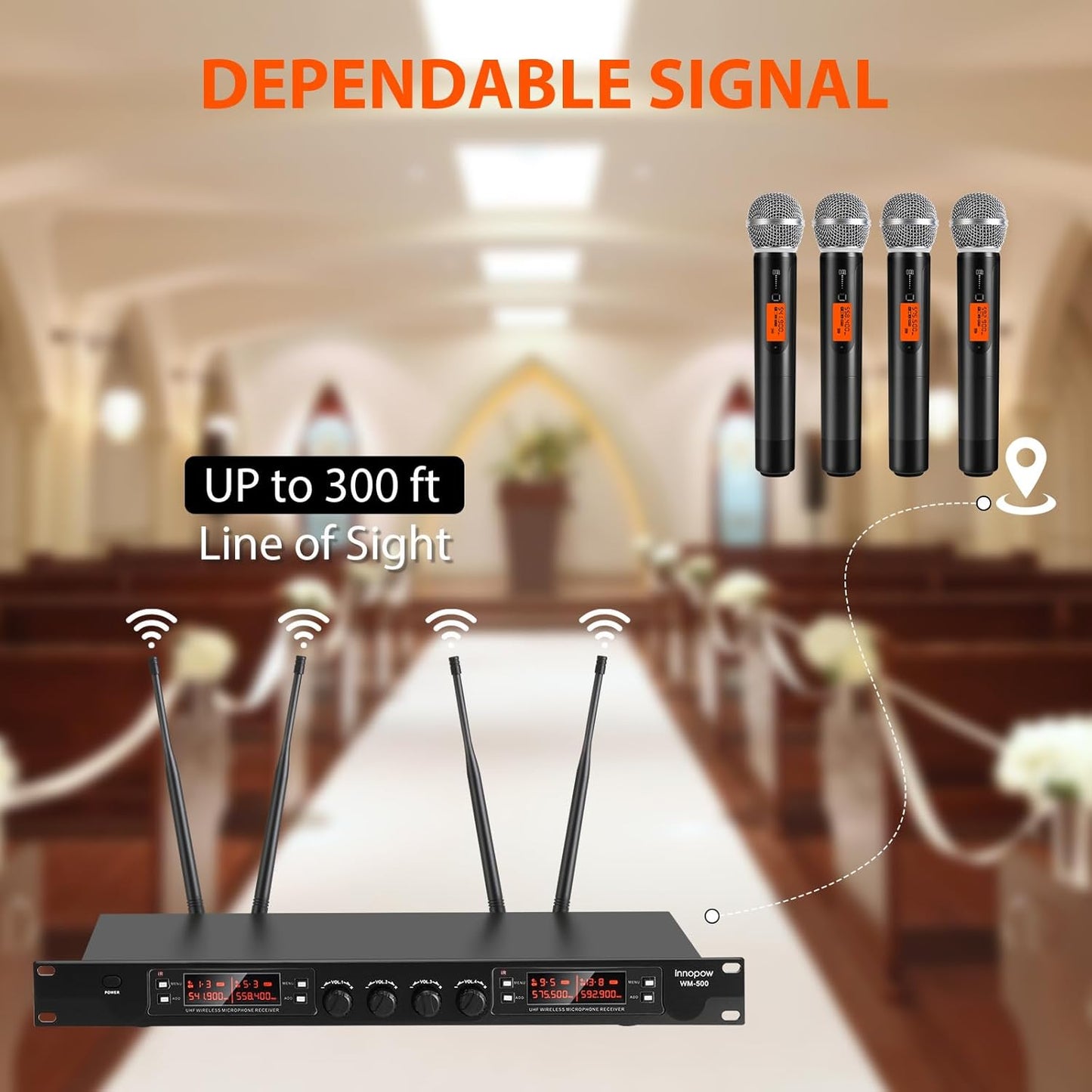 4 Channel Wireless Microphones System, Quad UHF Cordless Mic Set,4 * 40 Groups Metal Handheld Dynamic, Auto Scan, Long Range 200-300Ft,16 Hours Use for Church,Singing Bands (WM500)