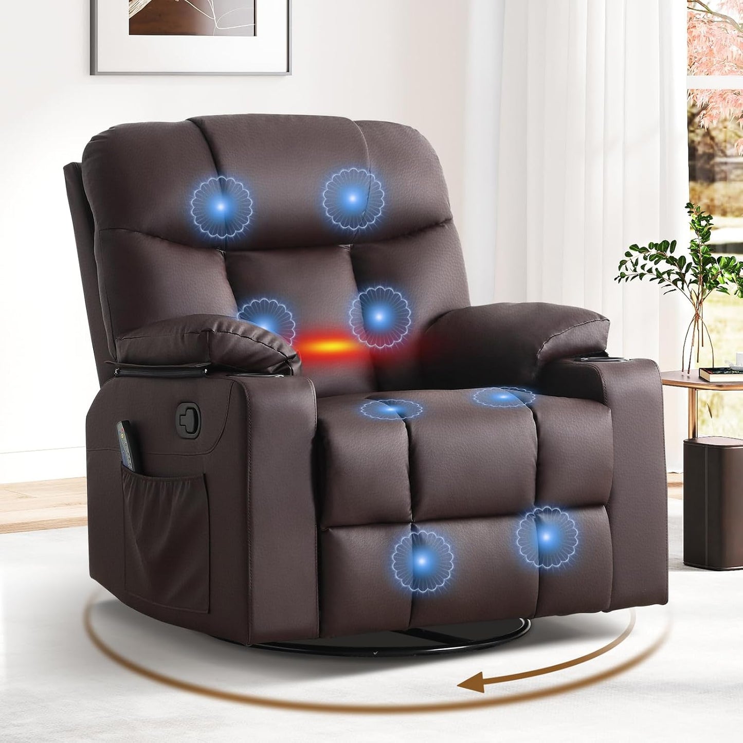ANJ Swivel Rocker Recliner Chair, Manual PU Leather, 360° Swivel with Massage & Heat for Living Room, Brown
