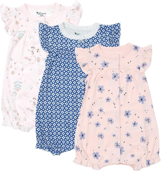 3-pack 100% Cotton Baby Girl Rompers, 0-24 months Ruffle Sleeve Toddler Romper Summer Clothes Set