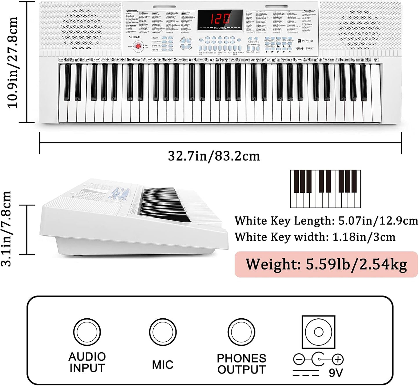 Vangoa VGK611 Electric Keyboard for Beginner, 61 Keys Portable Music Keyboard With Mini Lighted Keys, Electronic Piano for Kids, Boy, Girl, White
