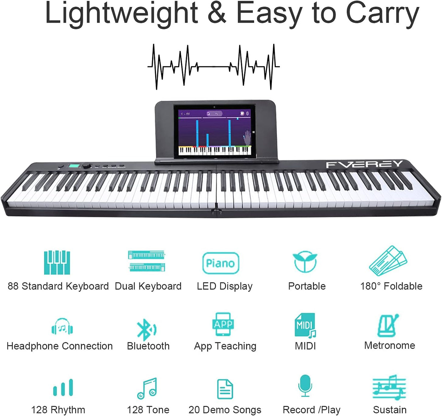 FVEREY Portable Folding Piano Keyboard,Semi-Weighted Folding Digital Piano 88 Key, Full Size Keyboard Electric Piano with Sustain Pedal, Handbag, Bluetooth, USB MIDI for Beginner, Adult
