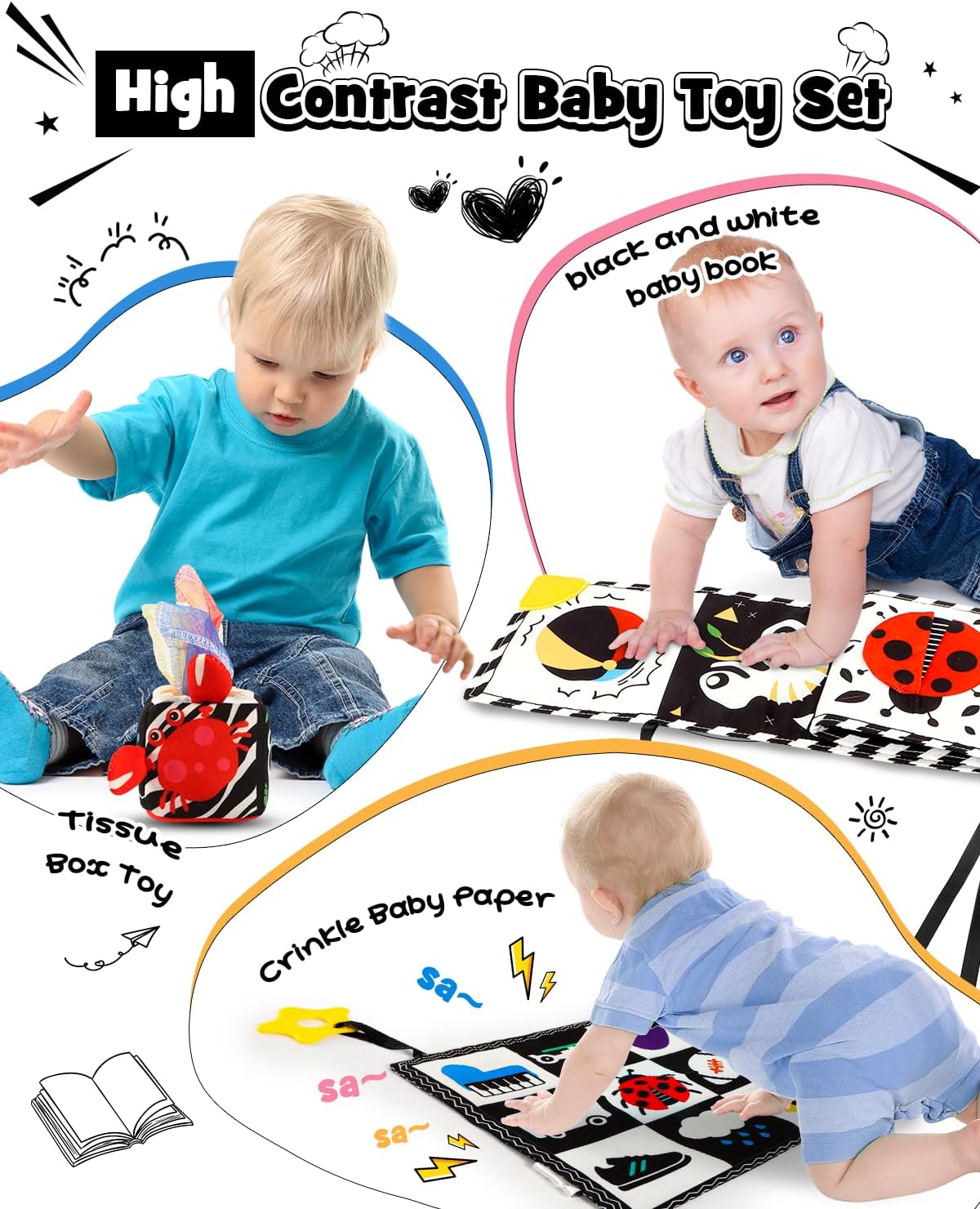 3 PCS Black and White High Contrast Baby Toys for Newborn, Montessori Toy Sensory Infant Tummy Time Toy Baby Essentials 0-6-12 Months Gifts