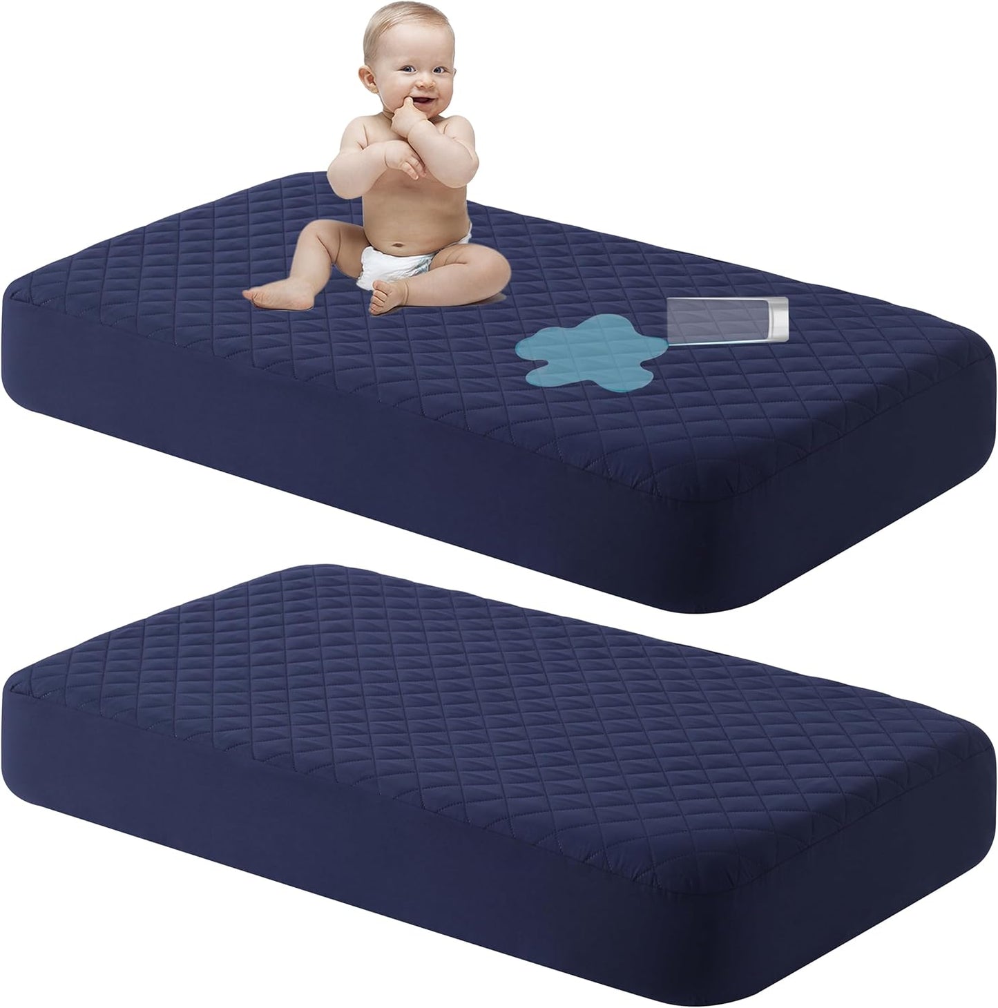 NTBAY 2 Pack Waterproof Mini Crib Mattress Protector, Quilted 24"x38" Fitted Mattress Cover - Machine Washable - Soft and Breathable Baby Mattress Pad Sheet for Mini Crib and Baby Playards, Navy Blue