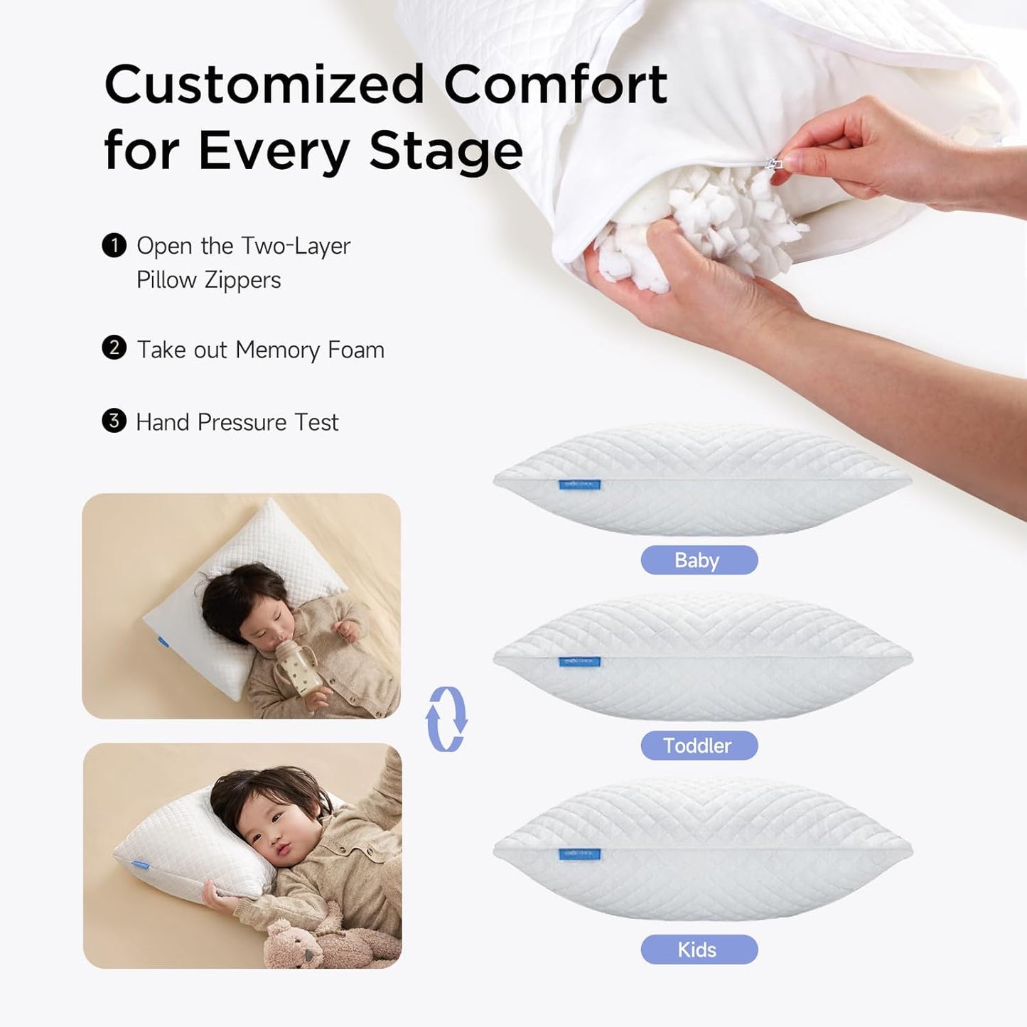 Memory Foam Toddler Pillow Pack of 2,20X14' Kids Pillow with Machine Washable Pillowcase Rayon Derived from Bamboo,Adjustable Height Toddler Pillows for Sleeping 2-6 Years Old(White)