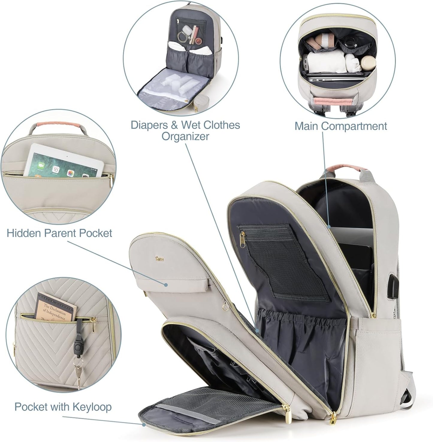 MOMUVO Diaper Bag Backpack, Quilted Baby Bag with Changing Pad and Stroller Straps and Pacifier Case, Multifunction Waterproof Travel Diaper Bags, Unisex, Light Grey and Pink