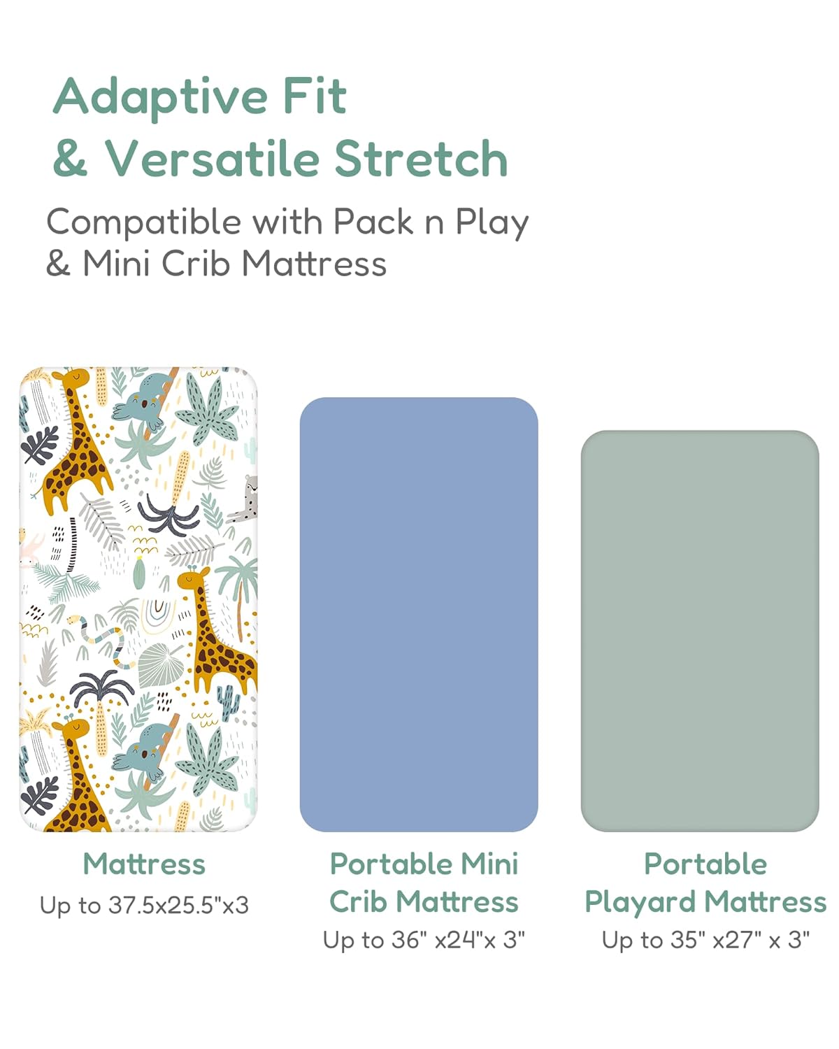 Pack and Play Sheets Fitted, Soft Green+Giraff, Breathable and Cozy, Hypoallergenic, 2 Pack for Boys and Girls
