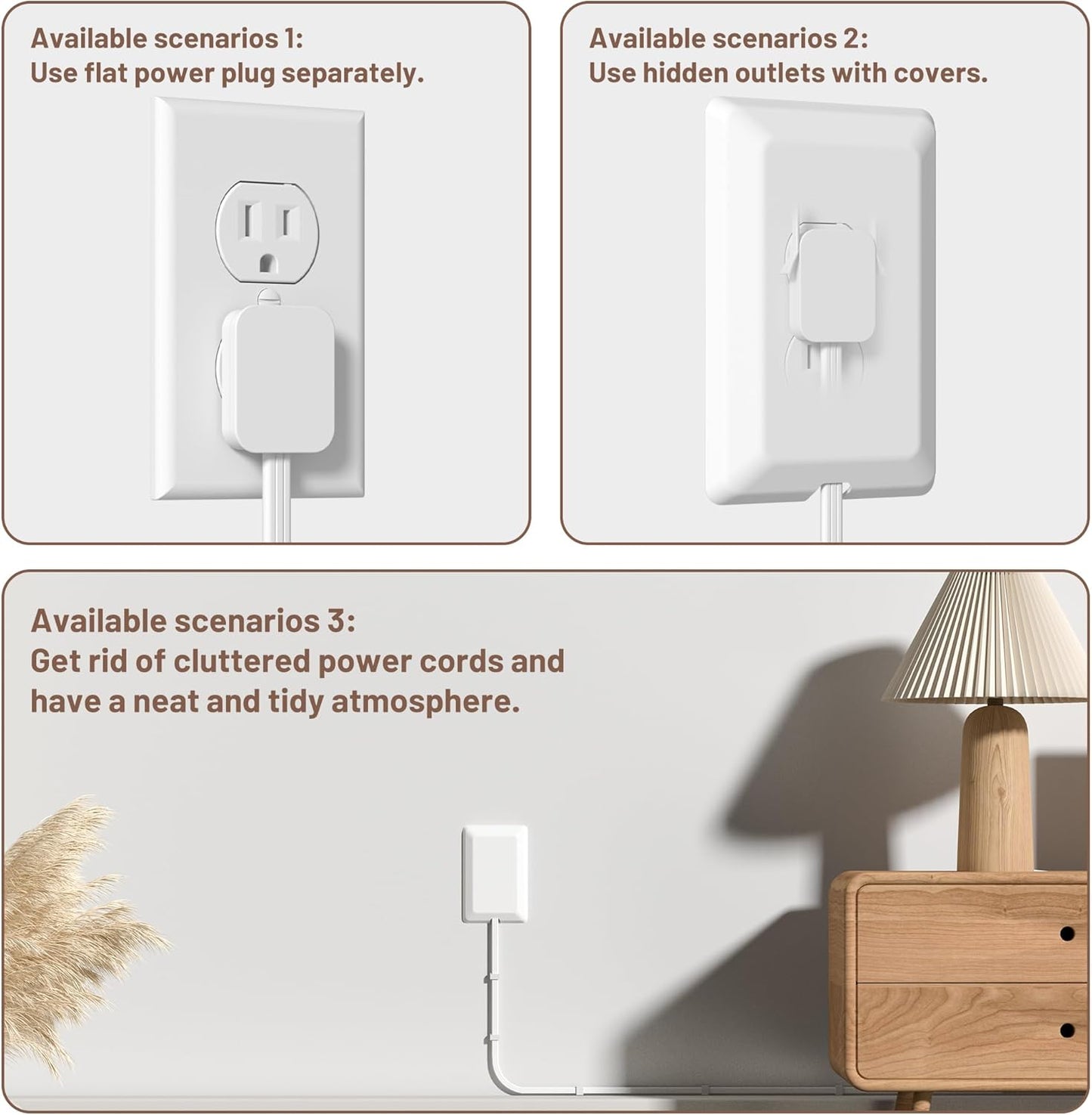 3FT Flat Plug Extension Cord with Outlet Covers Baby Proofing,Ultra Thin Outlet Concealer with Cord Concealer Kit,3 Outlet Power Strip,13A 125V 1625W,Universal Size for Home,Kitchen,ETL Listed,White