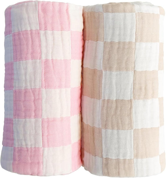 Ultra Soft Checkered Muslin Baby Blanket Pack of 2 Cotton Swaddles Bed Blankets for Babies and Toddlers Girls Newborn 42 x 42 inches Cream and Pink