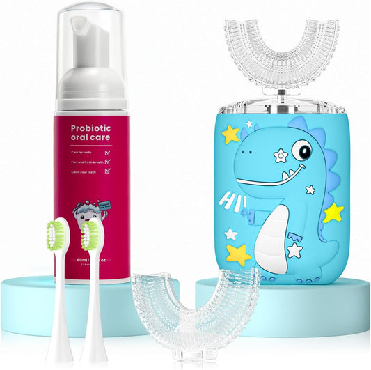 Kids Electric U Shaped Toothbrush,Kids Sonic Full Mouth Toothbrush with 4 Soft Brush Head Automatic Rechargeable 6 Cleaning Modes IPX7 Waterproof 360 Degree Cleaning - Age2-7 Blue