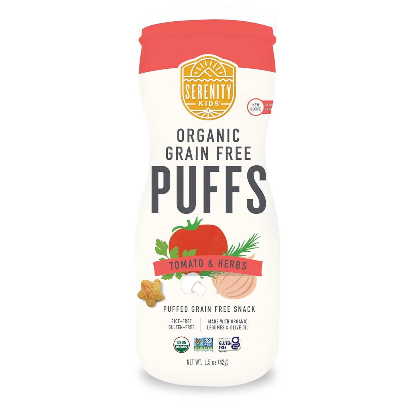 Serenity Kids 6+ Months Grain-Free Allergen-Safe Puffs for Toddlers & Babies - No Grains, Gluten, Nuts, Rice - Organic Veggies, Legumes, Olive Oil, Tomato & Herbs - 6 Count - Can Of Puffs