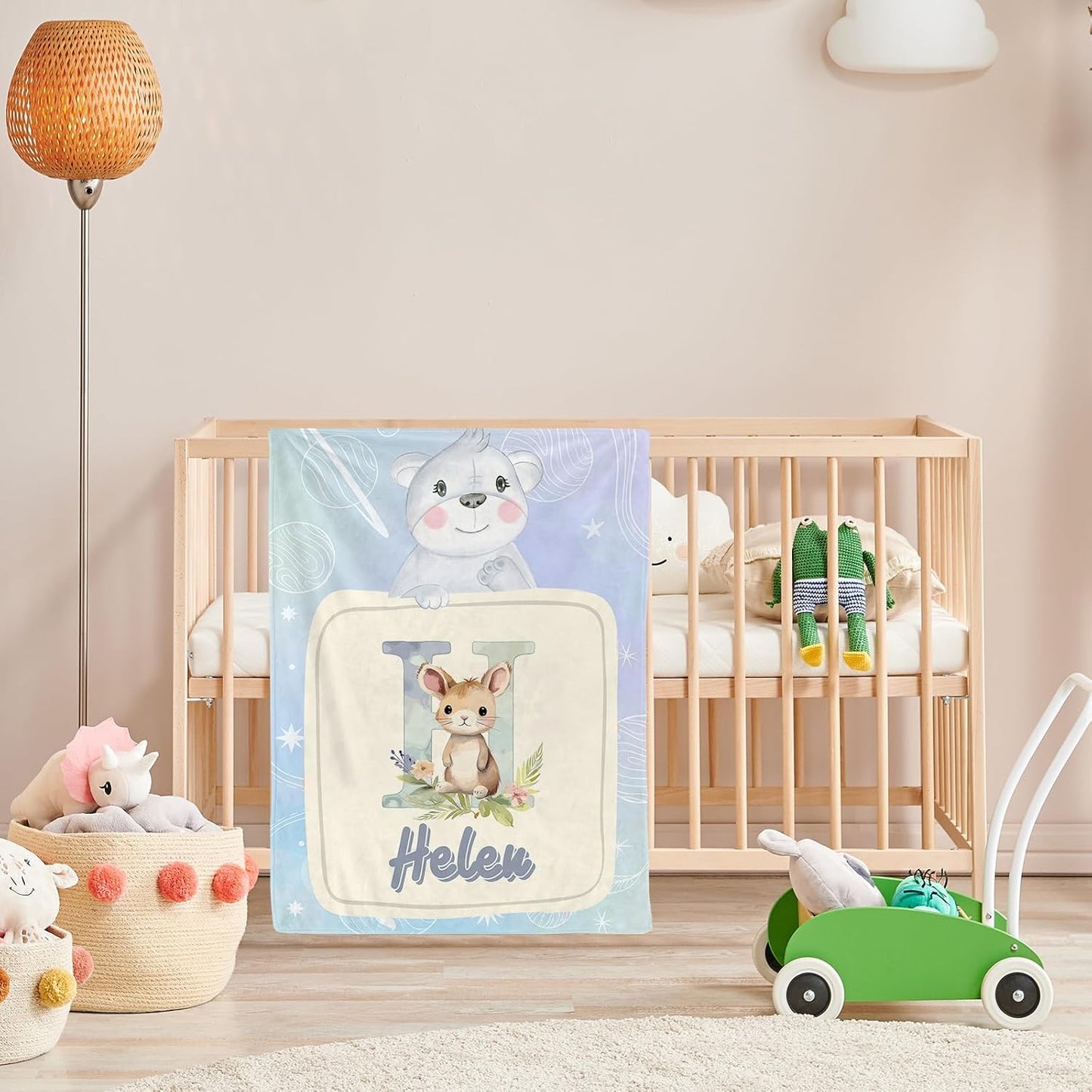 Personalized Baby Blanket with Name, Custom Cute Animal Alphabet Name Blankets Toddler Girls Soft Flannne Receiving Blankets Customized Monogram Memorial Gift from Nana for Infant Newborn Shower