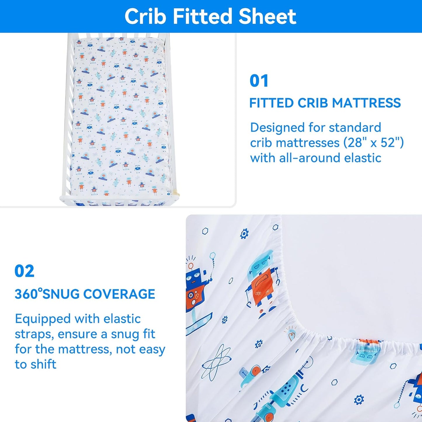 Viviland 3 Pieces Baby Bedding Set for Boy Girls, Baby Bedding Set for Newborn, Infant & Toddler - Robot