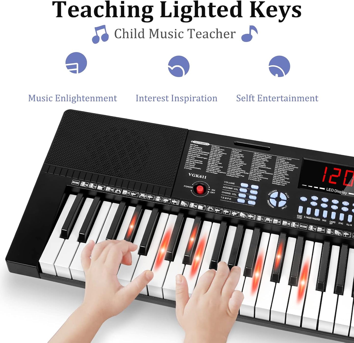 Vangoa 61-Key Light-Up Keyboard Piano for Beginners, 350 Tones & Timbres, 3 Teaching Modes, With Microphone, Black