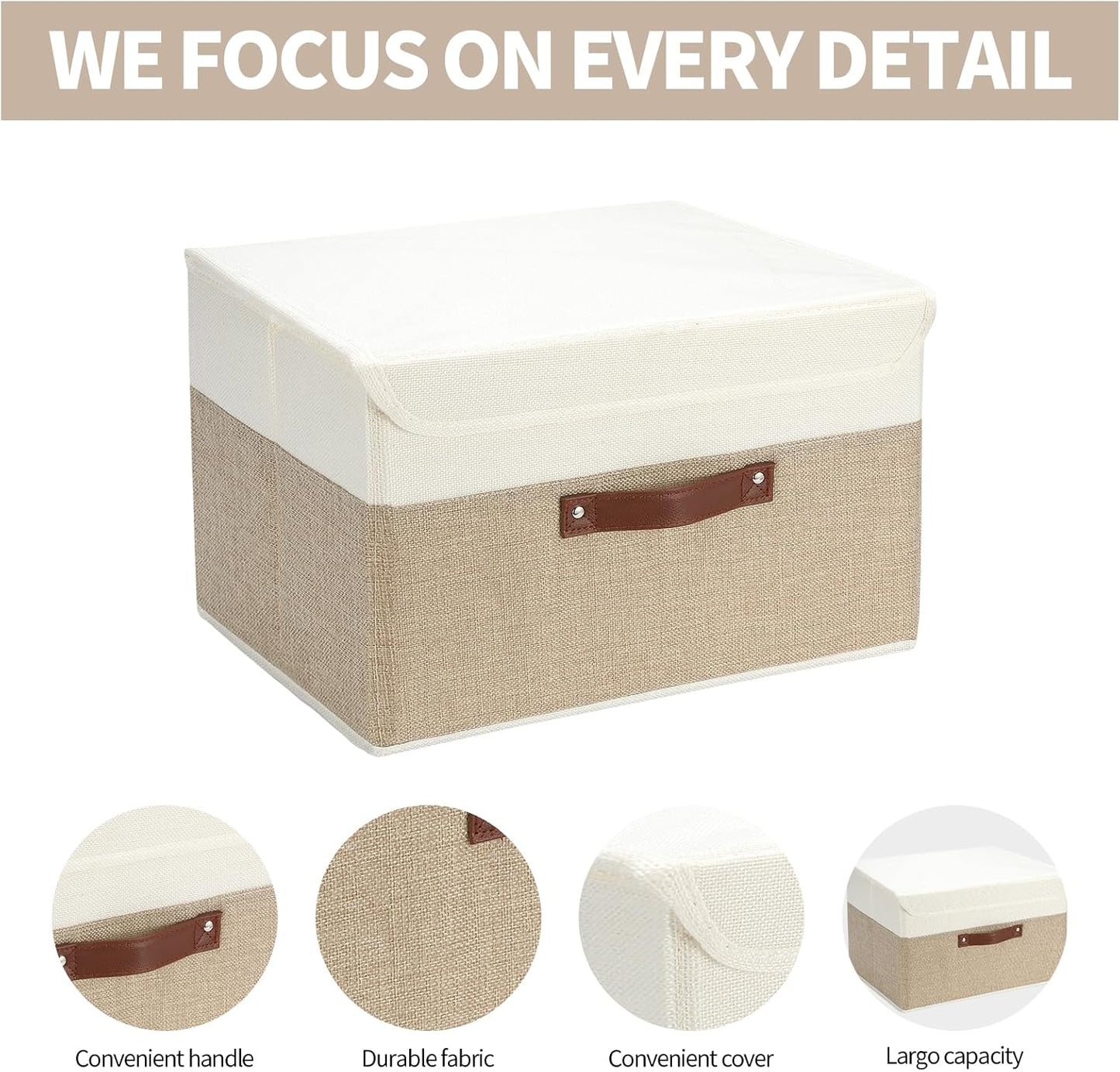 8 Pack Decorative Storage Bins Containers Fabric Bins with Lids Storage Baskets Bulk for Shelves Drawers, Desktop, Closet, Playroom, Classroom, Office, Bedroom, (15INx10INx10IN, Beige/White)