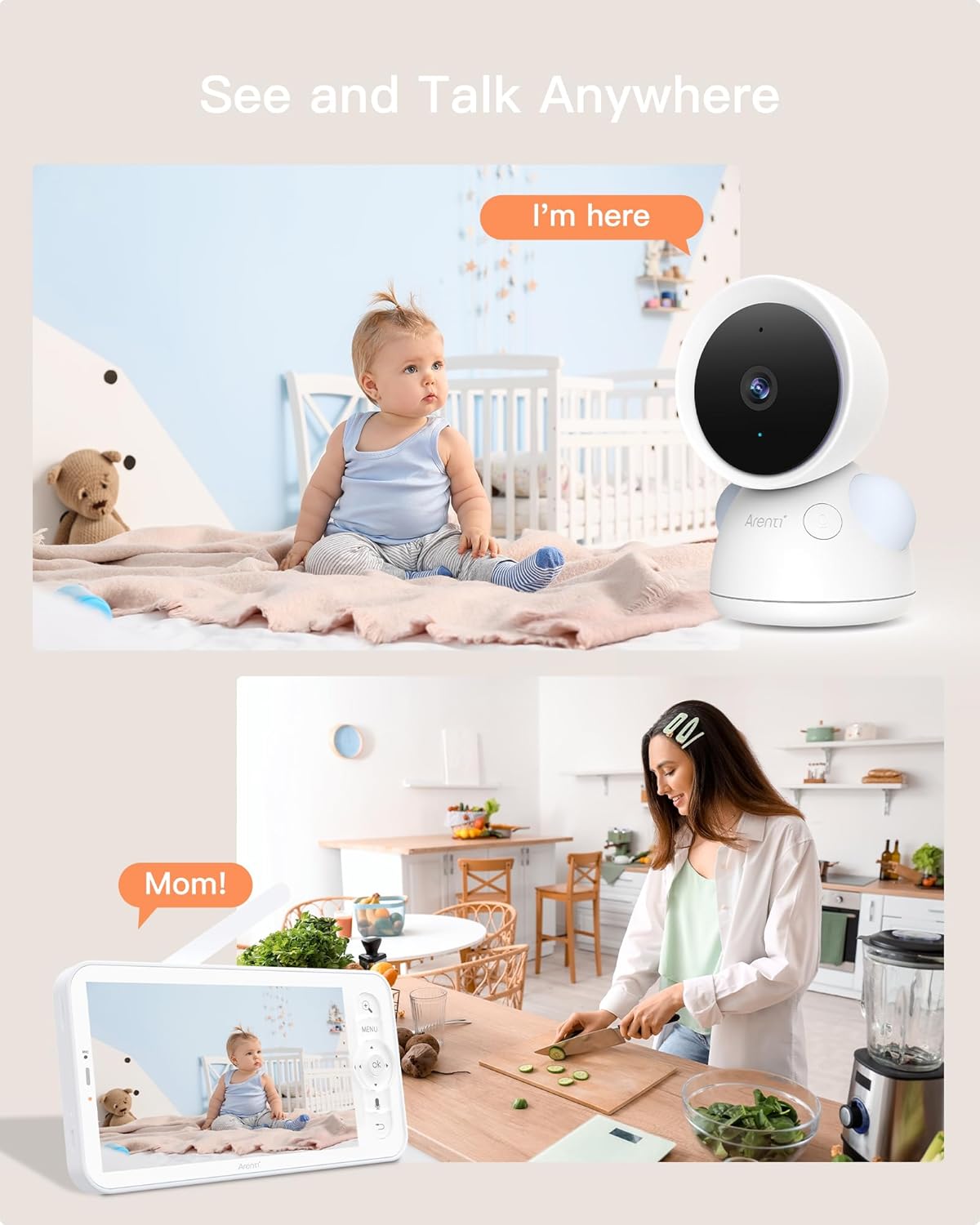 ARENTI Baby Monitor with 2 Cameras, 2K/3MP WiFi 6 Camera and Audio, 5-inch Wireless Screen, Smartphone App, Super Night Vision, Crying Detection, Auto Tracking, Temp&Humidity Sensor (D3 Set)