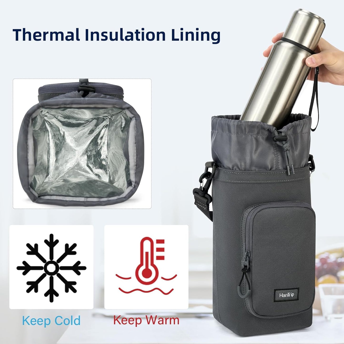 Insulated Water Bottle Carrier Bag with Strap Phone Pocket for 25/32/40/64 oz Tumbler Cup, Water Bottle Holder