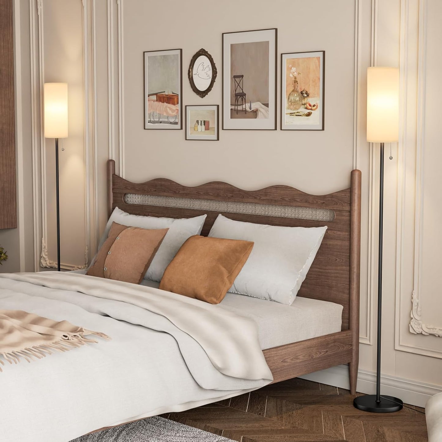 Ambimall Floor Lamp with 3 Color Temperatures Bulb Set of 2, 64" Standing lamp with Linen lampshade for Bedroom, Minimalist Pole Lamp, White Shade & Black Pole