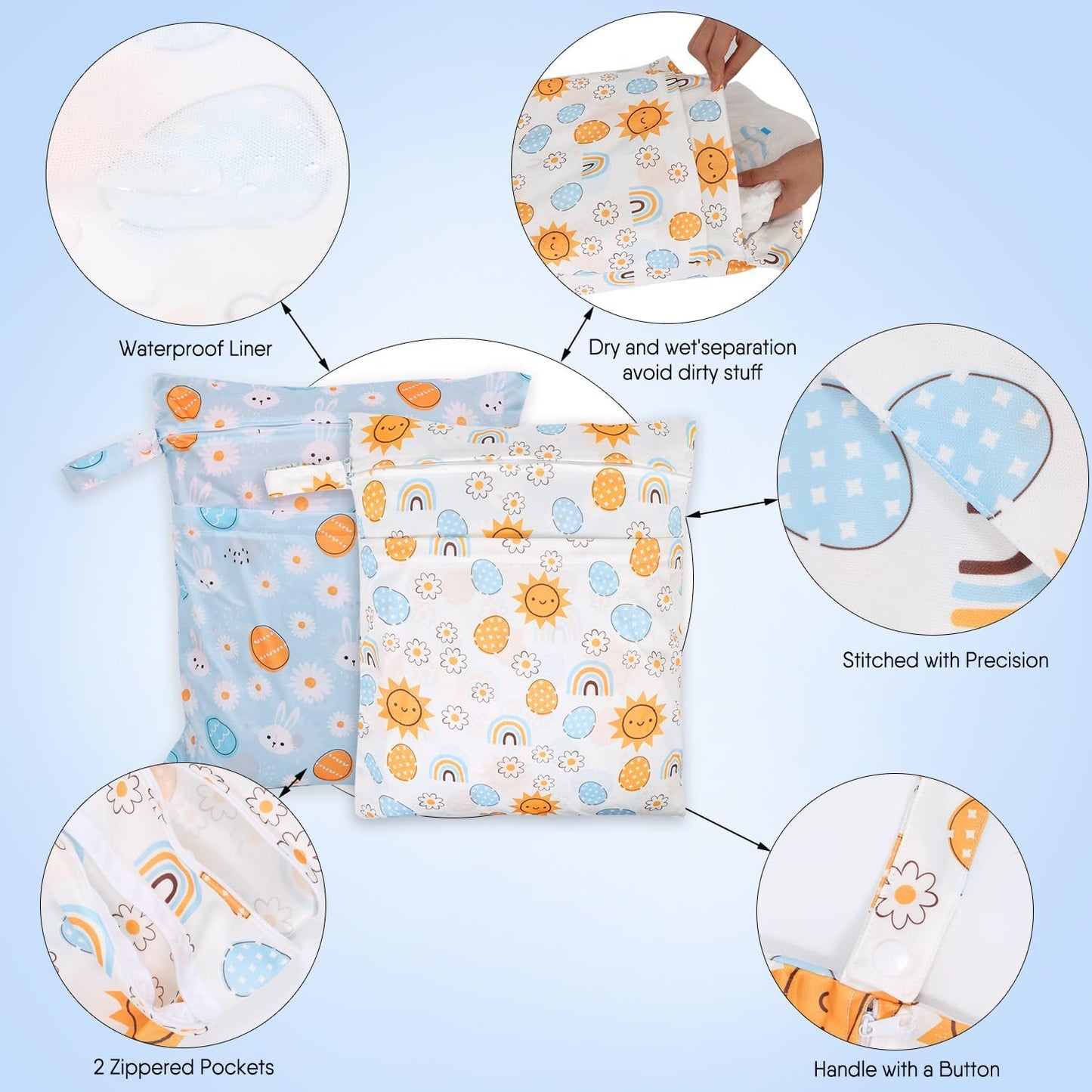 2pcs Travel Waterproof Laundry Bag, Cloth Diaper Wet Dry Bags with Handle 2 Zipper Pockets Washable Dirty Clothes Travelling Hanging Bathing Beach Daycare Yoga Gym Sports Exercise Swimsuits