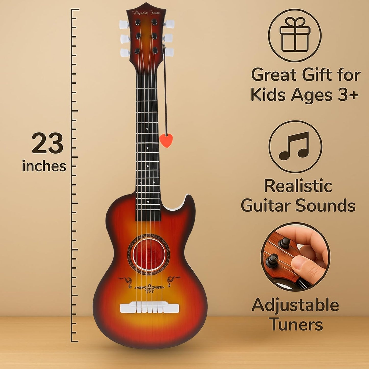 23" Acoustic Guitar, Kids 6 String Toy Guitar - Realistic Steel Strings - Beginner Practice First Musical Instrument for Children, Toddlers (Cherry Sunburst)