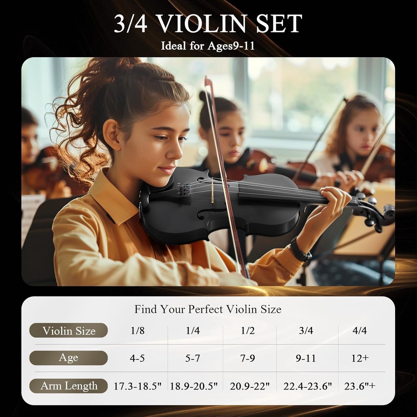 3/4 Violin Kit, Beginner Violin for Kids, Students, Complete Kids Violins Set with Case, Bow, Rosin, Ideal for Kids Violinss Beginner Ages 9-12, Black