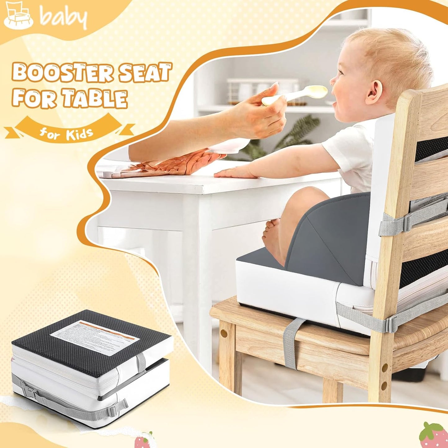 Portable Toddler Booster Seat for Dining Table, Adjustable Lightweight Toddler Chair for Travel, Compact Design, Easy to Clean (Grey)