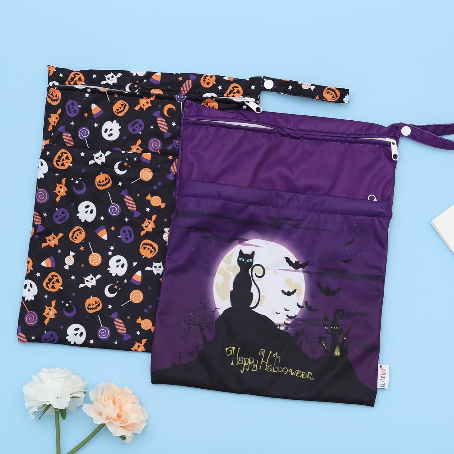 ALVABABY 2pcs Cloth Diaper Wet Dry Bags Waterproof Reusable with Two Zippered Pockets Travel Beach Pool Daycare Soiled Baby Items Yoga Gym Bag for Swimsuits or Wet Clothes 2LM07