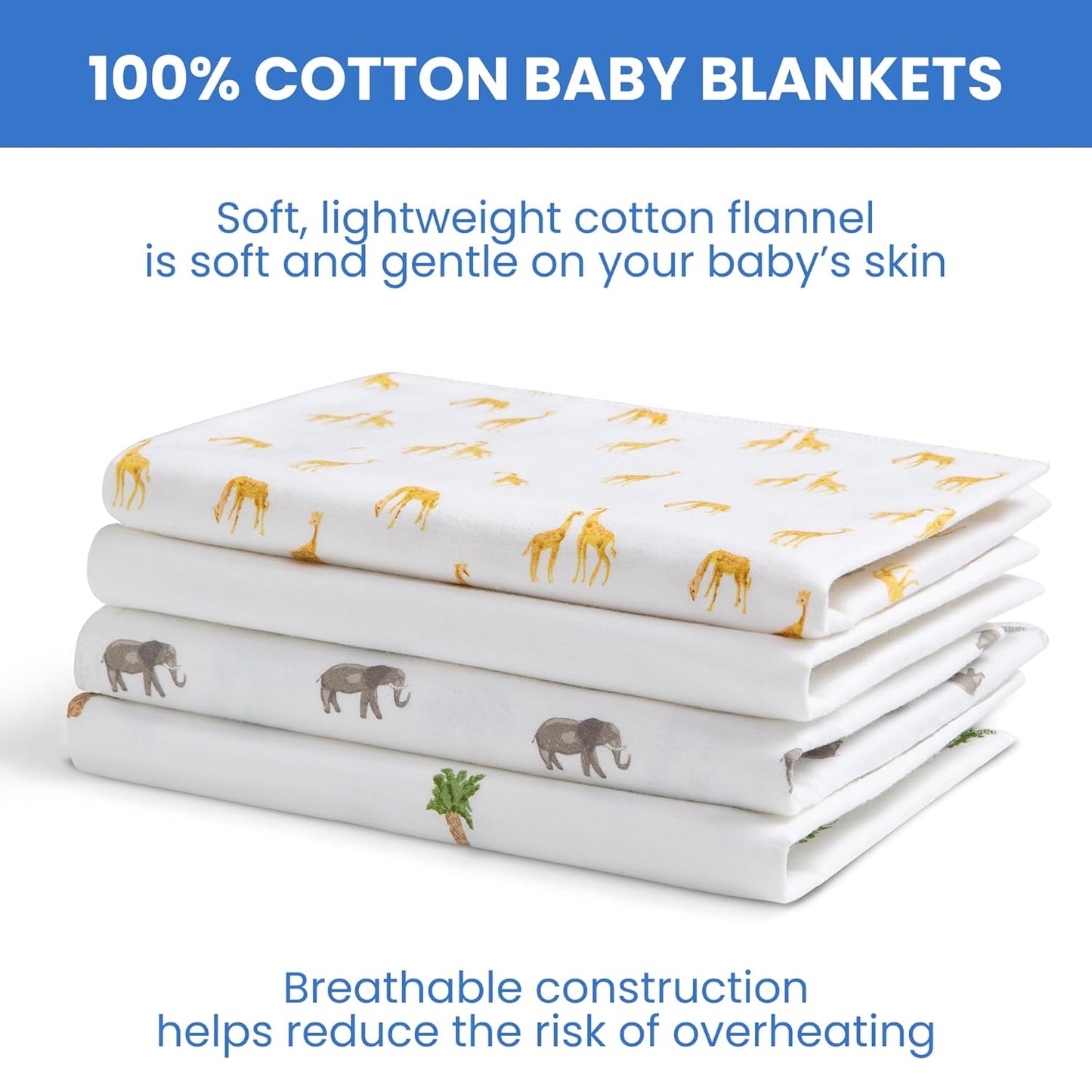 Delta Children 100% Cotton Flannel Baby Receiving Blankets for Girls and Boys – 30x30 Inches (Pack of 4), Safari Friends