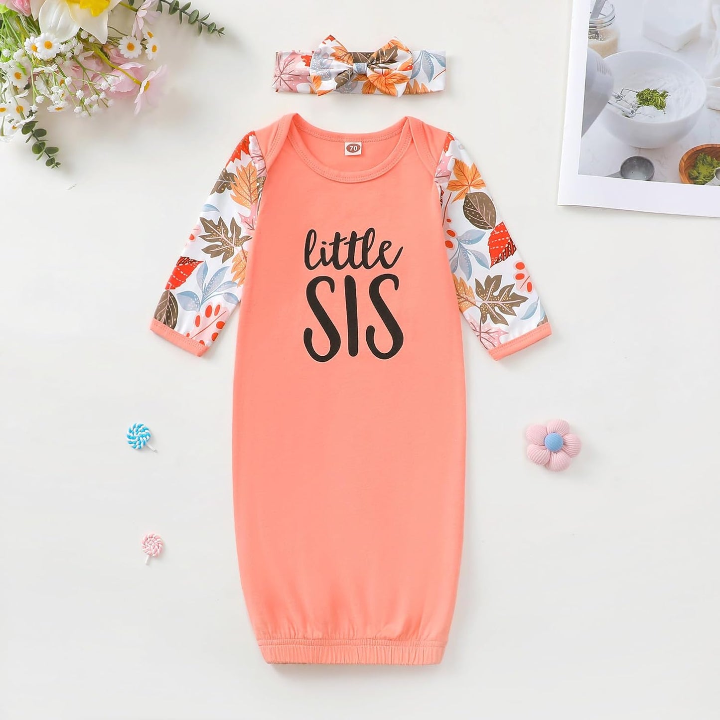 AMAWMW Newborn Baby Girl Little Sister Sleeper Gown Stripe Long Sleeve Nightgown Pajamas Gifts Stuff Essential Outfit