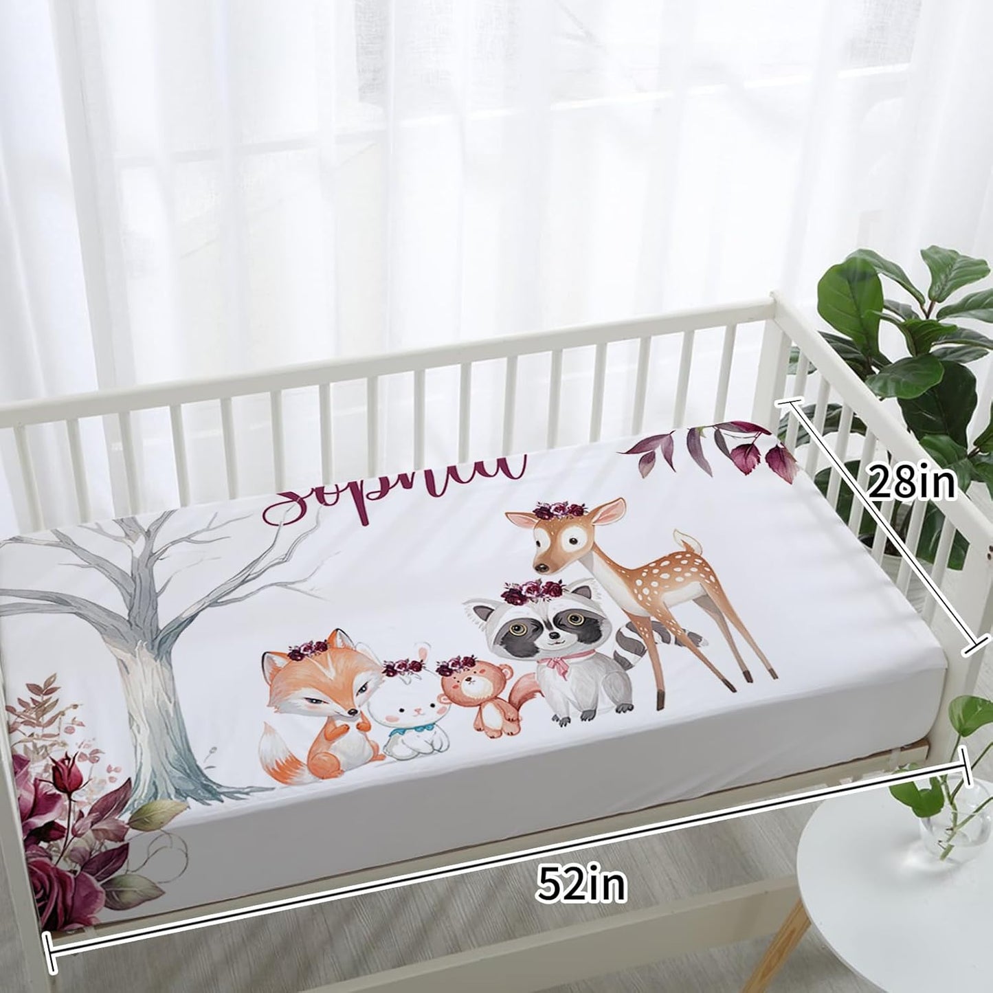 Personalized Baby Crib Bedding Set for Baby Girls, Rose Animal Pattern Custom Name 5-Pcs, Toddler Double Layer Blanket Fitted Sheets Changing Pad Cover Rug Wall Art Set