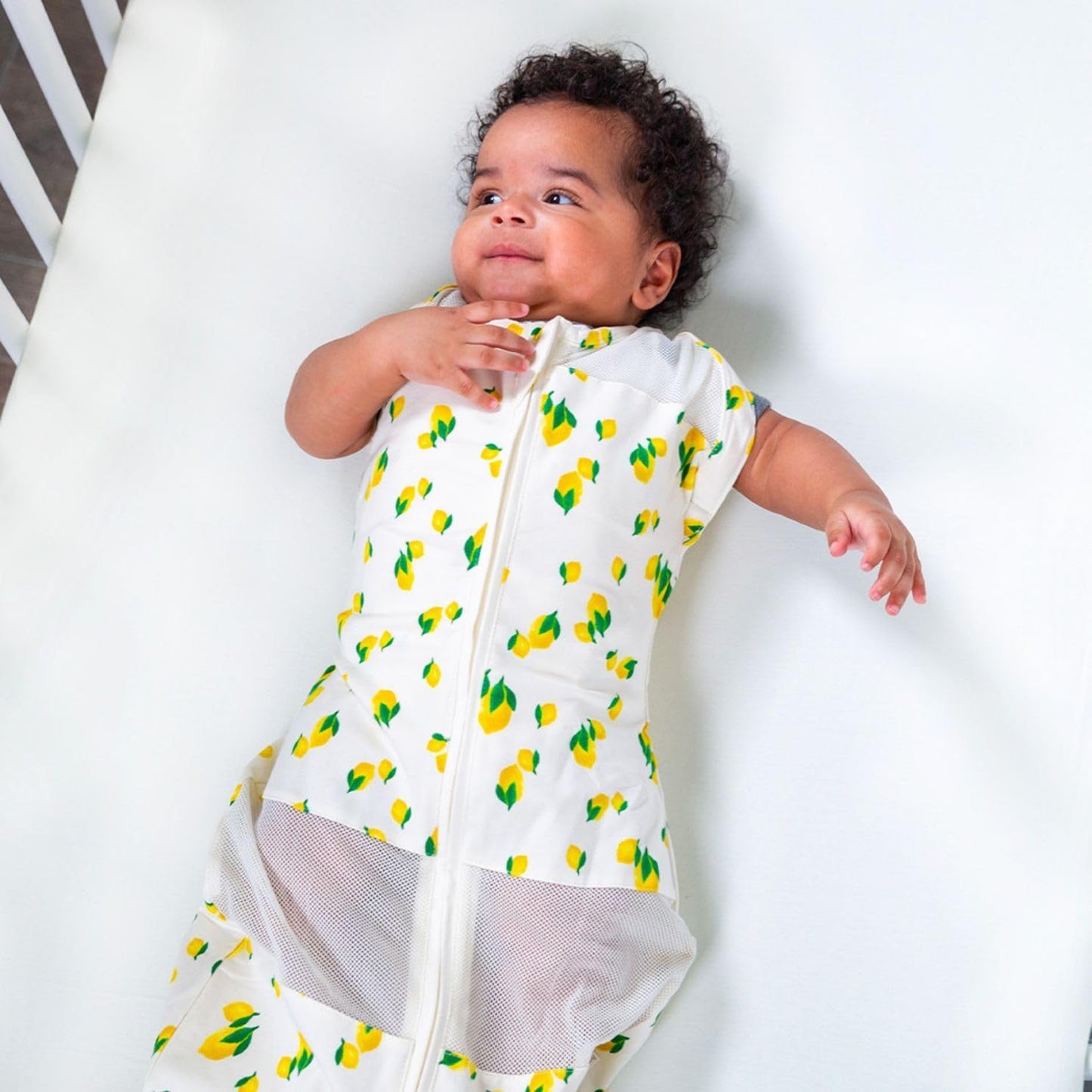 Happiest Baby Sleepea 5-Second Swaddle - Organic Cotton Baby Swaddle Blanket - Doctor Designed Promotes Healthy Hip Development (Ivory Lemons, Medium)