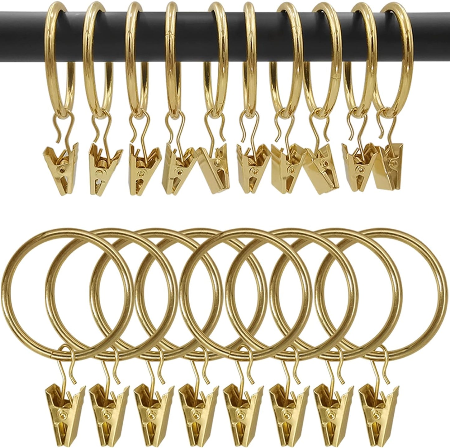 100 Pack Gold Curtain Rings with Clips, Curtain Hooks Hangers Clip Rings for Hanging Drapes Bows Hat, Drapery Rings 1.5 in I D, Fits up to 1.2 in Diameter Curtain Rod.