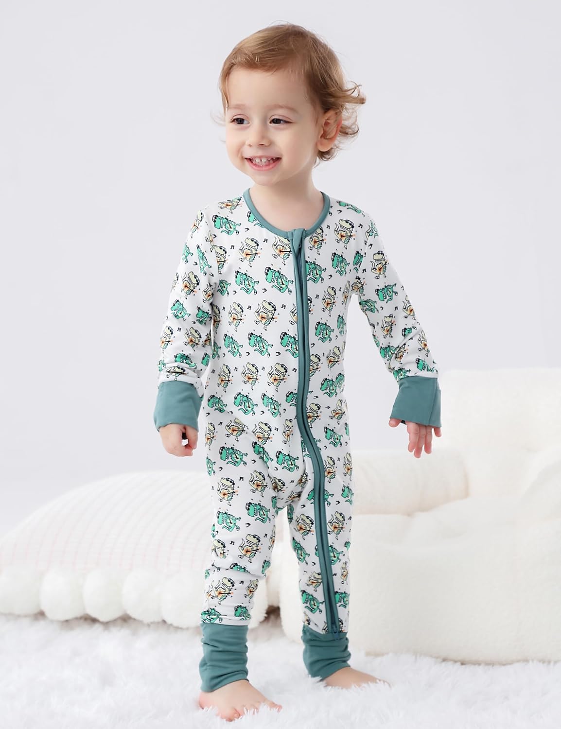 JunNeng 2Pcs Baby Rayon from Bamboo Sleeper with Mitten Cuffs, Footless Zipper Cozy Pjs, Non-Slip Soles Romper