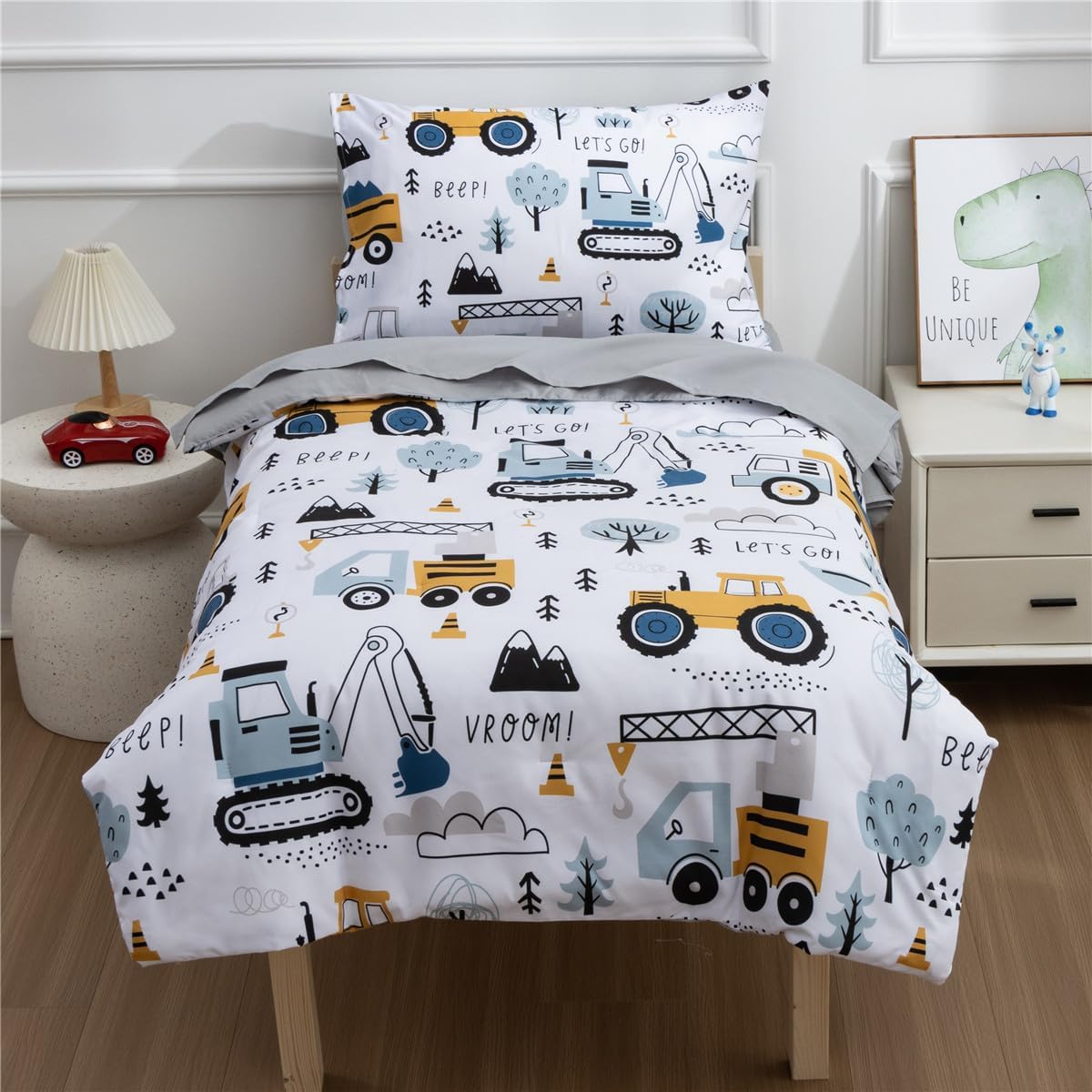 NTBED 4 Pieces Construction Toddler Bedding Set for Baby Boys,Tree Truck Vehicles Excavator Cars Printed, Includes Comforter, Flat Sheet, Fitted Sheet and Pillowcase,Light Grey