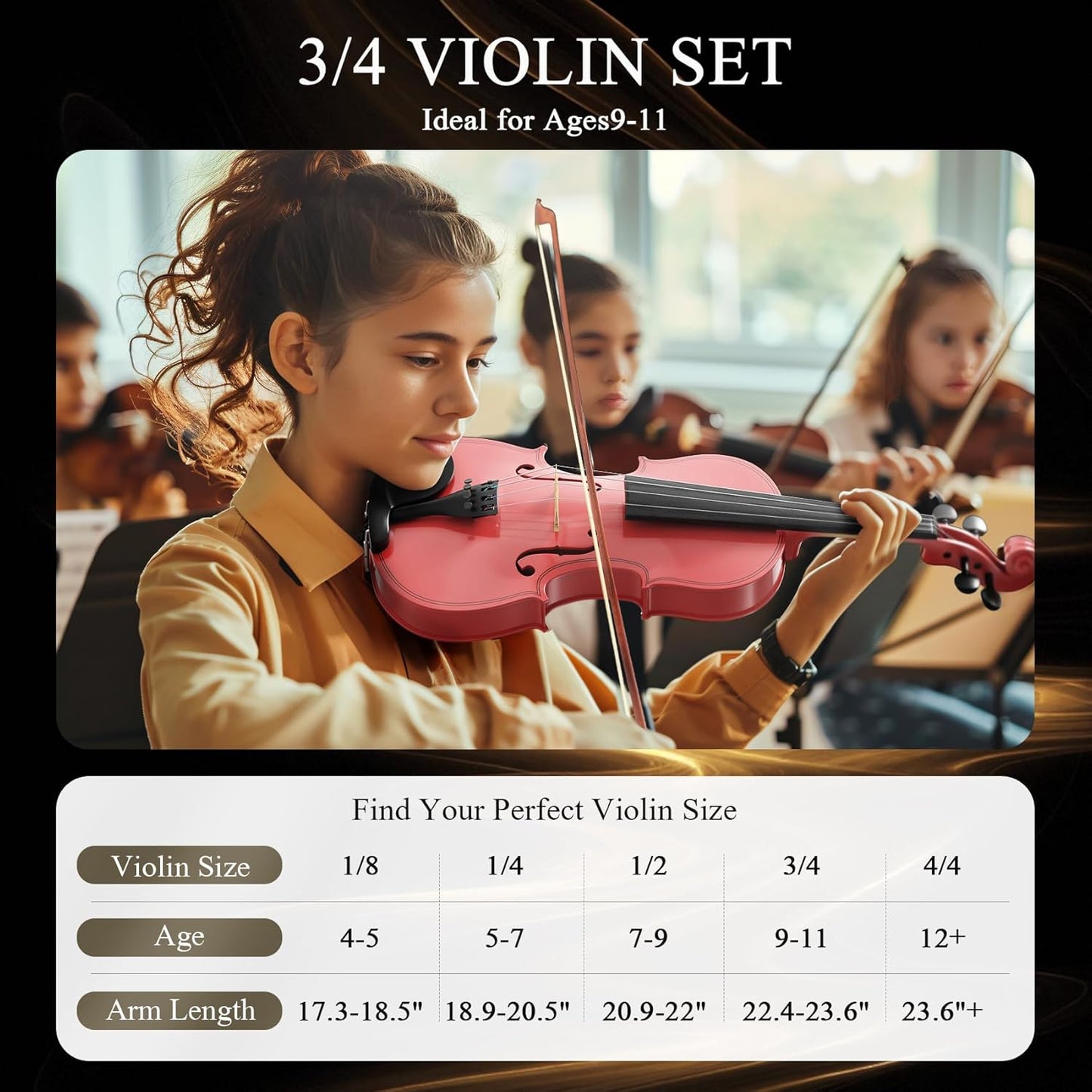 3/4 Violin Kit, Beginner Violin for Kids, Students, Complete Kids Violins Set with Case, Bow, Rosin, Ideal for Kids Violinss Beginner Ages 9-12, Rose Pink